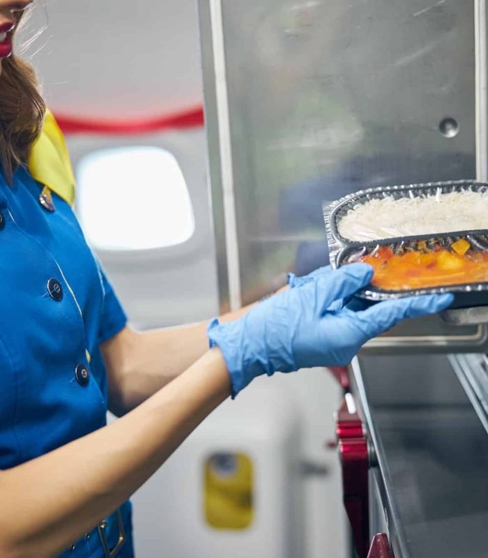 Stewardess serving food to the passengers at the kitchen of commercial airplane